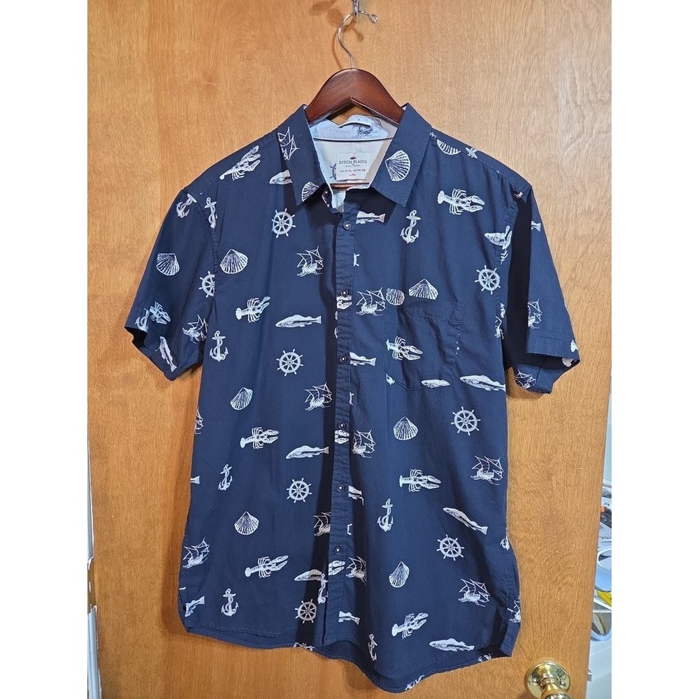 Ditch Plains Ricky Singh Mens XL Blue Cotton Nautical Lobster Anchor Shirt S/S